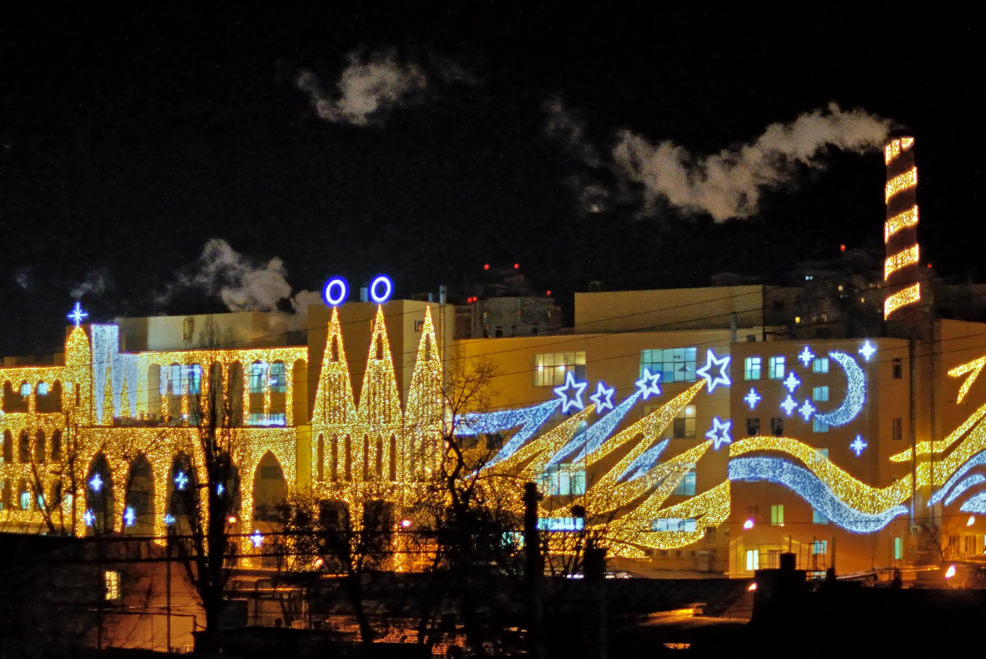Archive night photograph of the Roshen confectionery factory in Kyiv in December 2011.